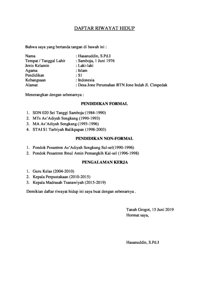 Contoh daftar riwayat hidup simple