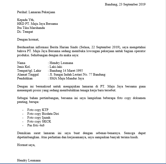 Contoh surat lamaran kerja