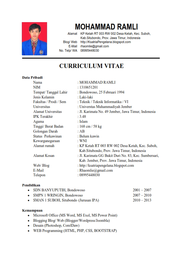 contoh curriculum vitae yang benar