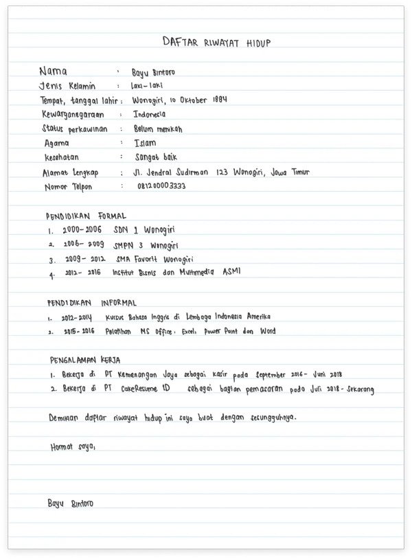 contoh curriculum vitae tulis tangan