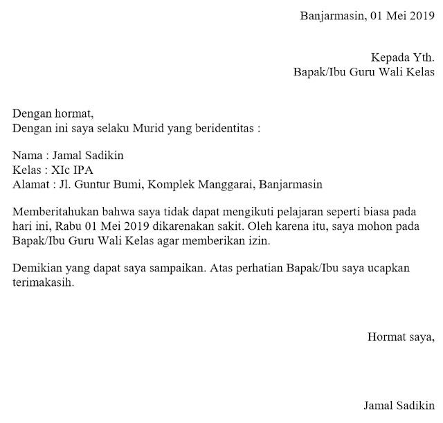 Contoh Surat Izin Tidak Masuk Sekolah Karena Sakit