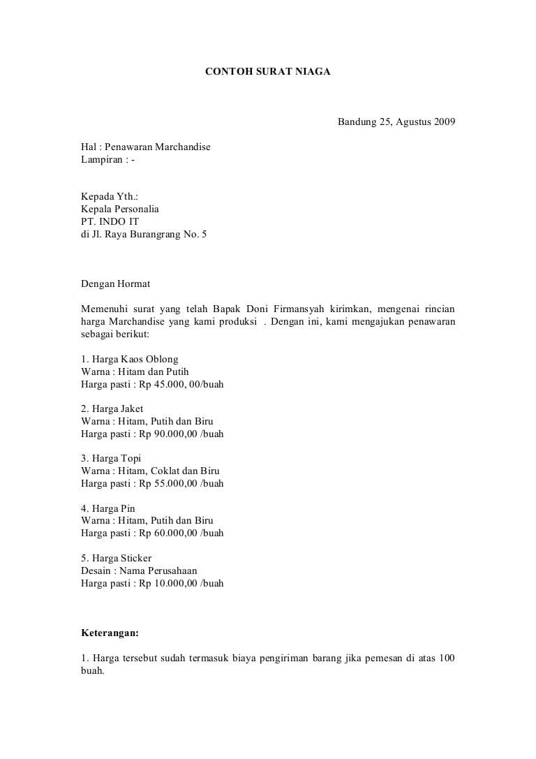 contoh surat niaga penawaran barang atau jasa