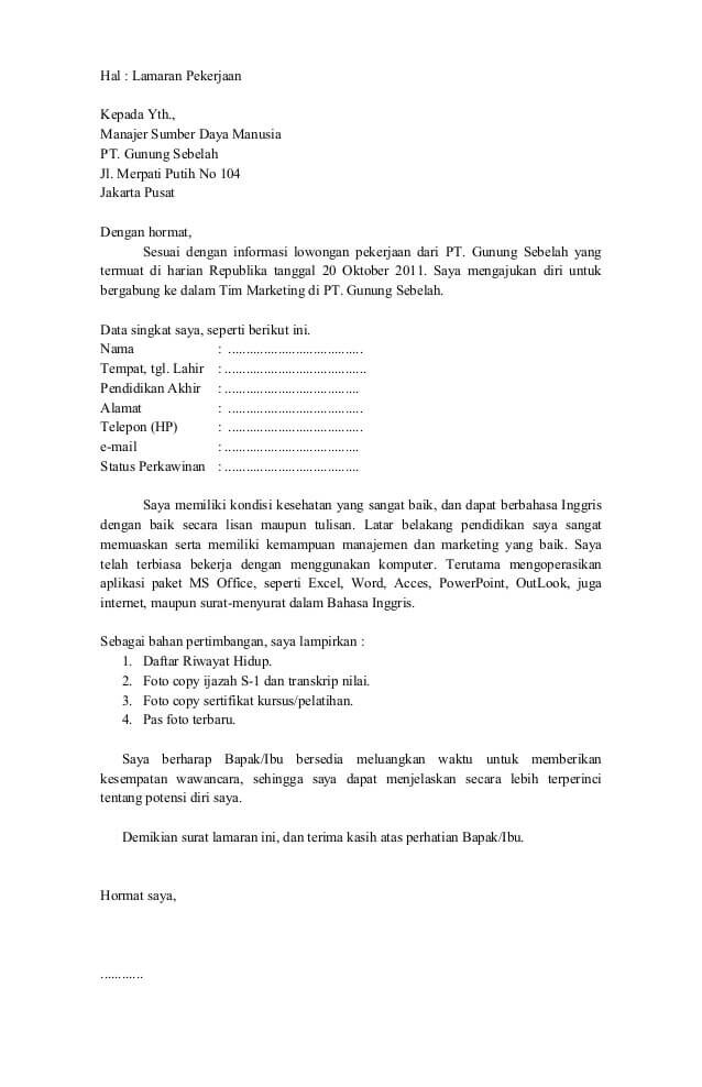 surat lamaran kerja di pabrik