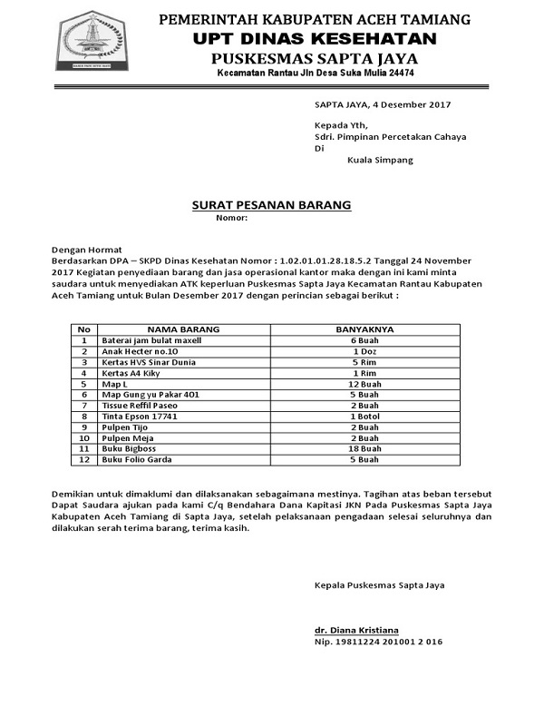 Contoh Surat Pesanan Barang ATK