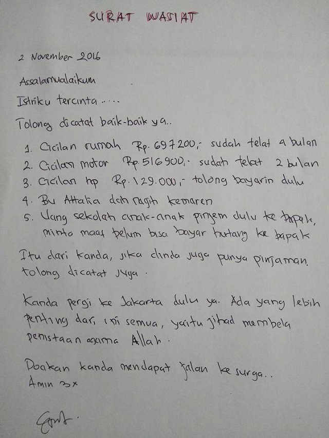 contoh surat wasiat tulisan tangan