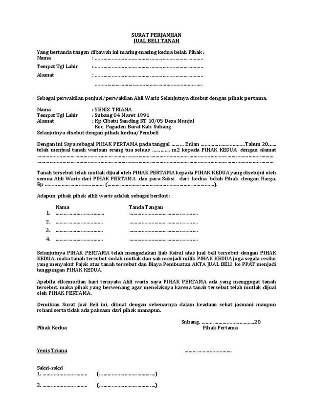 contoh surat perjanjian jual beli tanah