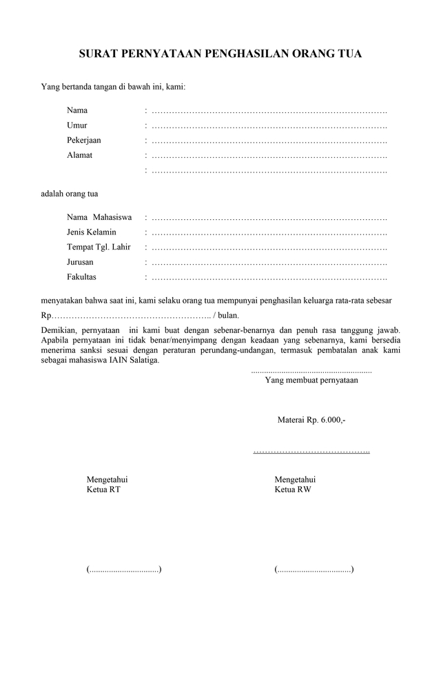 surat keterangan penghasilan orang tua